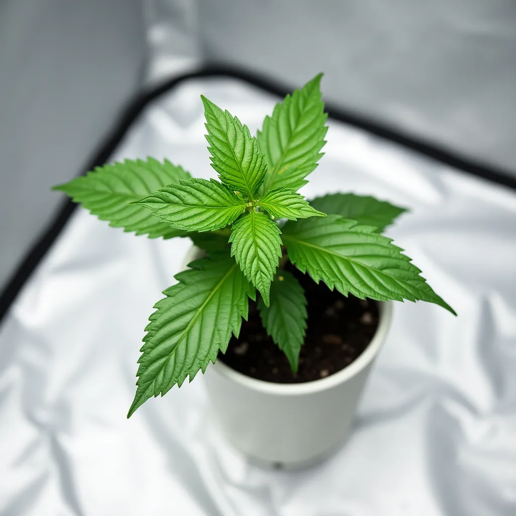 Cannabis Steckling in einem Grow-Zelt unter optimalen Bedingungen.