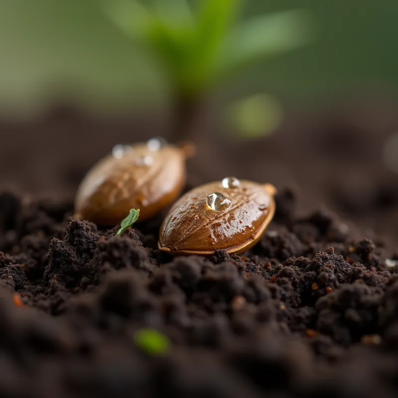 Mehrere Cannabissamen liegen auf feuchter, dunkler Erde und sind bereit zur Keimung. Die Samen haben eine glänzende braune Schale mit feinen Mustern, und kleine Wassertropfen schimmern auf der Oberfläche.