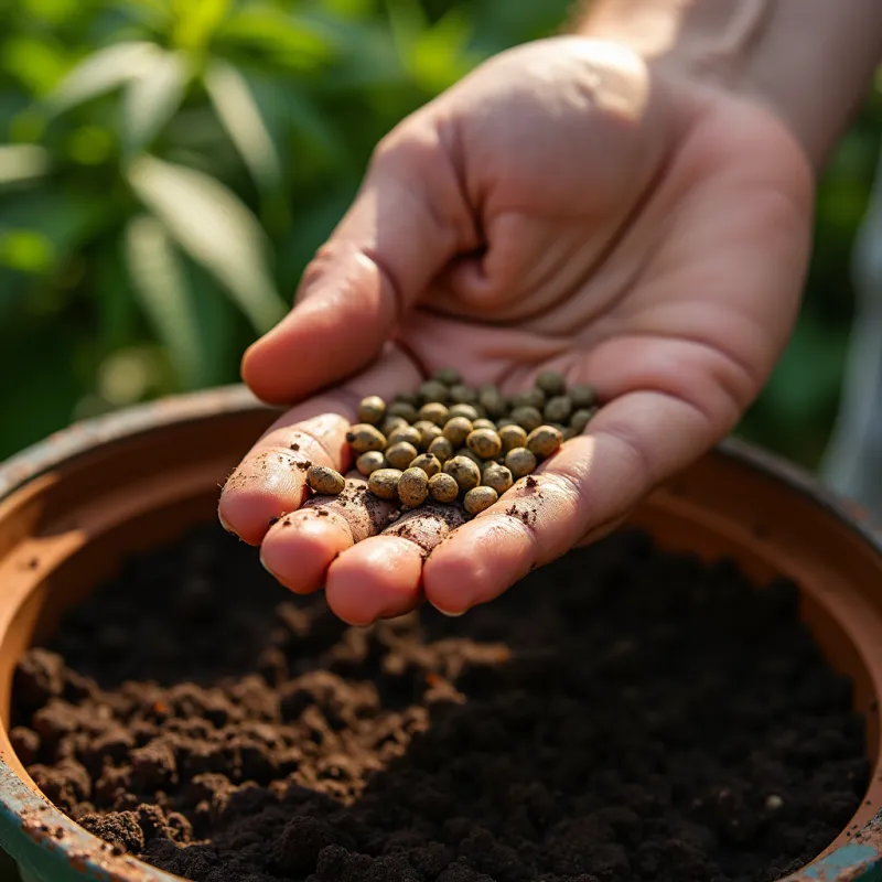 Eine leicht erdige Hand hält mehrere Cannabissamen über einen Blumentopf mit frischer Erde, bereit zum Einpflanzen. Die Samen sind klein, rund und zeigen natürliche braune Muster, während im Hintergrund eine Gartenlandschaft verschwimmt.