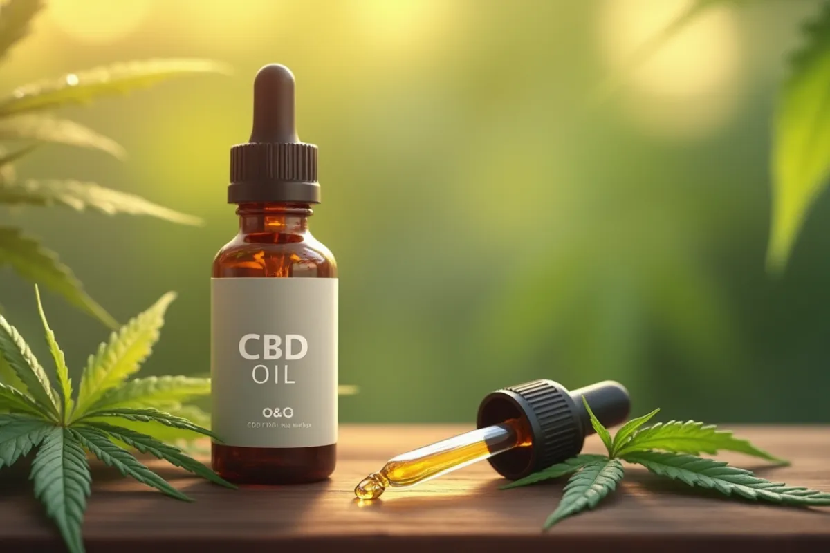 Flasche mit CBD-Öl – eine klare, goldene Flüssigkeit in einem Glasbehälter, die zur Unterstützung von Entspannung und Wohlbefinden verwendet wird.