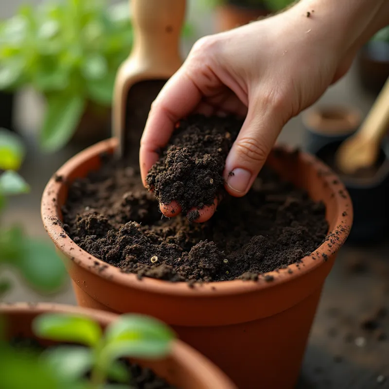 Eine Hand gibt frische, nährstoffreiche Erde in einen Blumentopf und mischt sie. Die Erde ist feucht und enthält kleine Perlit- und organische Partikel. Sonnenlicht fällt sanft auf die Szene, während im Hintergrund Pflanzen und Gartengeräte zu sehen sind.