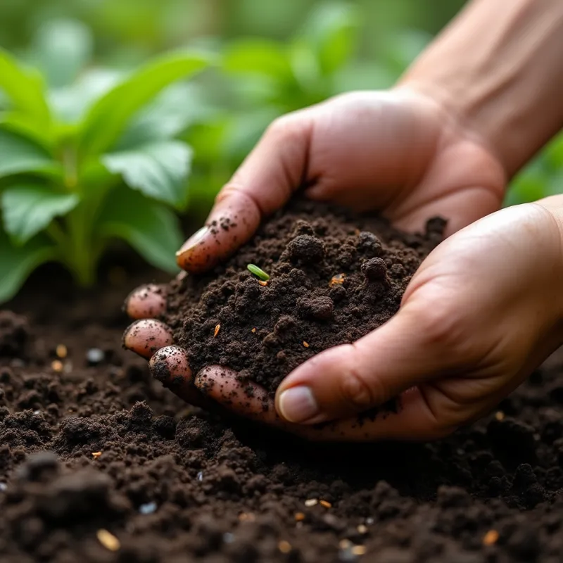 Eine Hand hält dunkle, nährstoffreiche Erde, bereit zur Bodenbearbeitung im Garten. Die feuchte Erde enthält kleine organische Partikel, während der Hintergrund leicht verschwommen ist und eine natürliche Gartenumgebung zeigt.