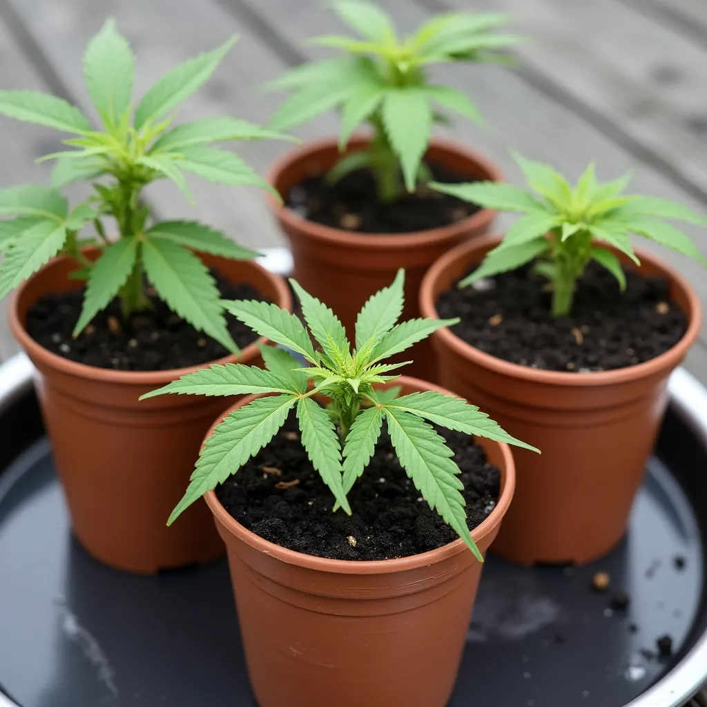 Mehrere gesunde Cannabis Stecklinge in Töpfen zur Anzucht