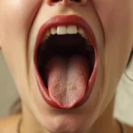Nahaufnahme eines Menschen mit trockenem Mund, der sichtbar Durst hat – ein typisches Symptom von Cannabis-Konsum, bekannt als ‚Pappmaul‘.